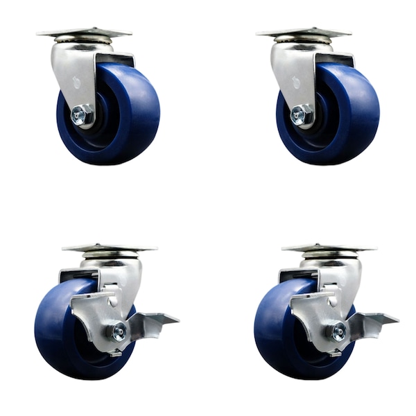 4 Inch Solid Polyurethane Swivel Caster Set with Ball Bearings 2 Brakes